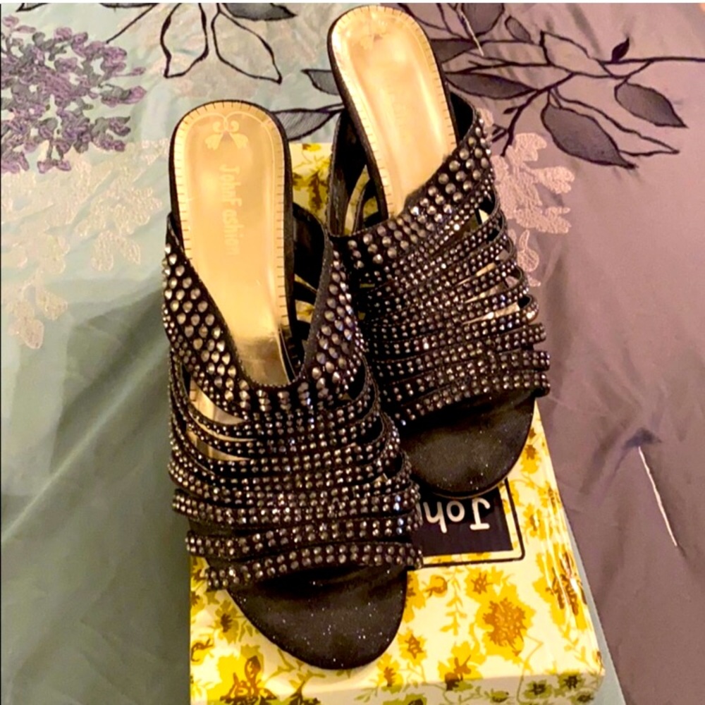 Black Bling Crystal Unique Slide On Mule Heel